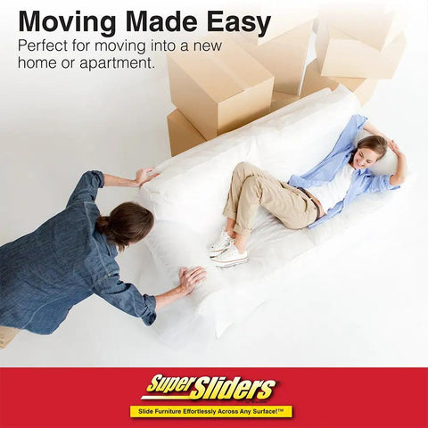 Man using Heavy Furniture Sliders For Carpet And Hardwood Floors Beige Two In One Three And A Half Inch And Five Inch Sizes Make It A Breeze To Move Sofas Tables Desks And More 8 Pack to move a white couch with a woman lying on it.