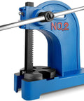 Badass Heavy Duty Manual Desktop Press featuring 2 Ton hand wheel arbor mechanism, blue cast iron frame for crafting.