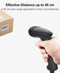 Hand holding a 1D USB Barcode Scanner With Intelligent Stand No Fuss Wired Scanner Delivers Snappy 32 Bit Processing for barcodes.