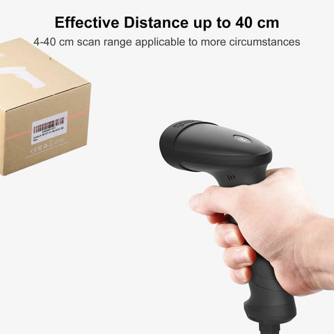 Hand holding a 1D USB Barcode Scanner With Intelligent Stand No Fuss Wired Scanner Delivers Snappy 32 Bit Processing for barcodes.