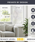 Texture Twelve Window Privacy Film With Dimensional Textured Glass Look Static Cling Non Adhesive Privacy Film For Homes And Offices Blocks View Without Darkening UV Protection Made In USA 36 By 72 Inch shown on window before and after installation in living room.