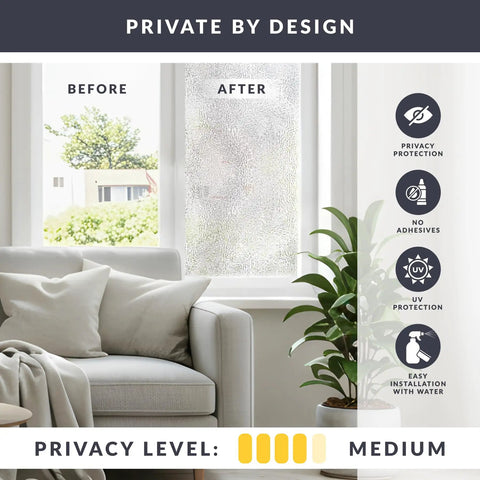 Texture Twelve Window Privacy Film With Dimensional Textured Glass Look Static Cling Non Adhesive Privacy Film For Homes And Offices Blocks View Without Darkening UV Protection Made In USA 36 By 72 Inch shown on window before and after installation in living room.