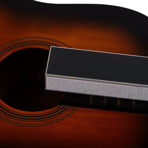 Close-up of 8-inch fret leveling beam on guitar, part of Guitar Fingerboard Luthier Tools Set With 8-Inch Fret Leveling Beam Crowning File Fingerboard Guard Protectors Replacement Sanding Papers And Portable Storage Bag For Bass And Electric Guitars A Handy Pro Gear Kit
