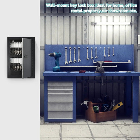 Straight Up Wall Mounted Key Storage Lock Box With Dead Simple Reset Combo Code Nifty Key Hooks And Smart ID Tags in a workshop setting.