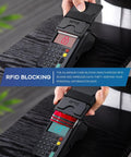 Pop Up Card Holder Wallet For Men Ultra Thin Metal Front Pocket Card Case With RFID Blocking Holds 12 Cards Minimalist Slim Wallet shown in use with a card reader.