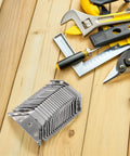 Heavy Duty Stainless Steel Corner Brackets Three Sided Corner Braces with tools on wood surface