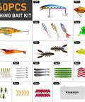 All In One Fishing Gear Kit With Backpack And Tackle Box Includes Lures Hooks Sinkers Pliers Lip Gripper Bait And Accessories A Dope Gift For Men Who Love To Fish And Head Out On The Water - fishing lures and bait set displayed.