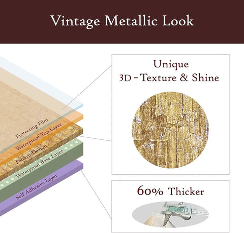 Gold Peel And Stick Wallpaper 24 By 78 Inches, waterproof vinyl layers, unique 3D texture and shine, 60% thicker, metallic contact paper.