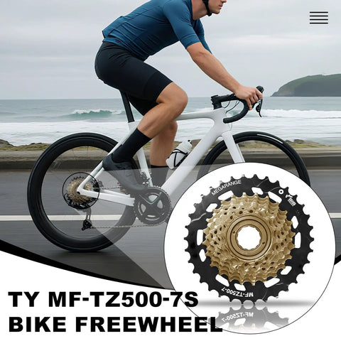 Cyclist using Screw On MF TZ500 7 Speed Freewheel 14 34 Tooth for Tourney Drivetrain on a road bike by the coast