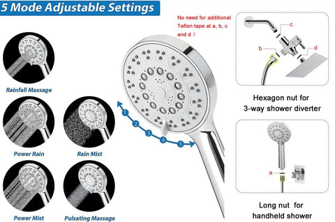 High Pressure Square Shower Head Kit With 11 Inch Extension Arm, 5 settings adjustable handheld spray, and no Teflon tape needed.