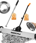 36 Inch Rolling Magnetic Sweeper With 40 Inch Telescoping Magnetic Pickup Tool collecting screws, trays visible, 55 lb capacity
