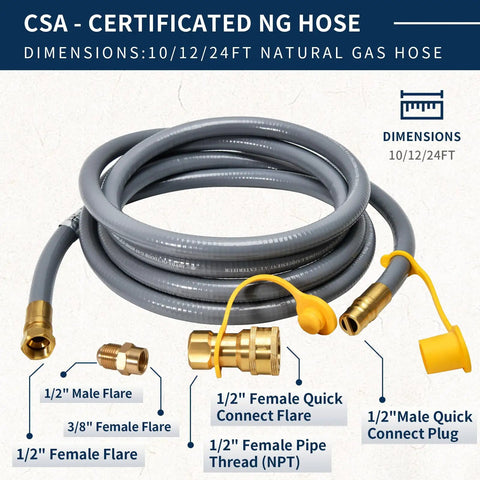 12 Feet Half Inch ID Natural Gas Hose With Quick Connect Fitting For BBQ Grills Pizza Ovens Patio Heaters And More Low Pressure Appliances CSA Certified Conversion Kit coiled with connectors visible