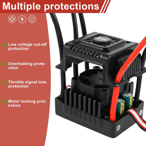 60A Waterproof Dustproof Brushless ESC With Sensorless Tech for One Tenth RC Cars and Trucks, highlighting protection features.