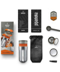 All In One Portable Coffee Maker With Vacuum Pressure Brew Hand Powered On The Go Coffee Brewer Insulated Stainless Steel Travel Mug 10 Ounce Thermo Cup Quick Fresh Brew For Commutes And Outdoors box and components displayed on white background