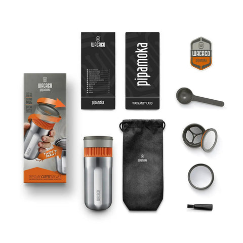 All In One Portable Coffee Maker With Vacuum Pressure Brew Hand Powered On The Go Coffee Brewer Insulated Stainless Steel Travel Mug 10 Ounce Thermo Cup Quick Fresh Brew For Commutes And Outdoors box and components displayed on white background