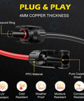 Detailed view of 3 Ft Solar Extension Cable 12AWG with male and female connectors for solar panels, red and black, with features highlighted