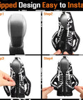 Installation steps for Skeleton Gear Shift Hoodie For Cars Universal Fit Halloween Decor Gear Shift Cover with skeleton design.