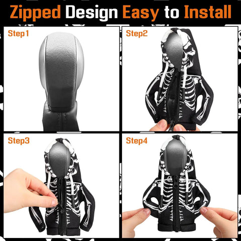 Installation steps for Skeleton Gear Shift Hoodie For Cars Universal Fit Halloween Decor Gear Shift Cover with skeleton design.