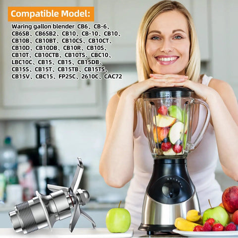 Woman with blender and Beefed Up Blade Cutting Assembly Replacement For Gallon Blenders Part 502977 Fits CB6 CB10 CB15 Series.