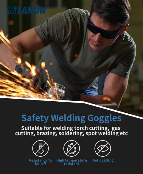 Man using Welding Safety Goggles With IR Filter Shade 5.0, Antifog UV Protection, ANSI Z87.1, in workshop, sparks flying