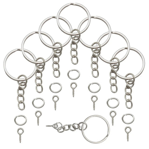 Thinking Process: silver 25mm split ring keychain parts set with chains and screw eye hooks for keys and crafts