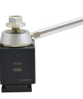 Close-up of a BXA Wedge Quick Change Tool Post Set for Lathe 10 to 15 Inch Swing Six Piece 202-9475 L with lever and bolt.