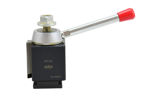Close-up of a BXA Wedge Quick Change Tool Post Set for Lathe 10 to 15 Inch Swing Six Piece 202-9475 L with lever and bolt.