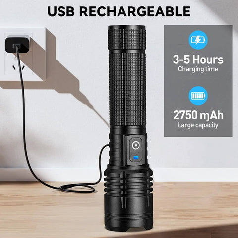 Insanely Bright 99,000 Lumen Rechargeable LED Flashlight charging via USB outlet