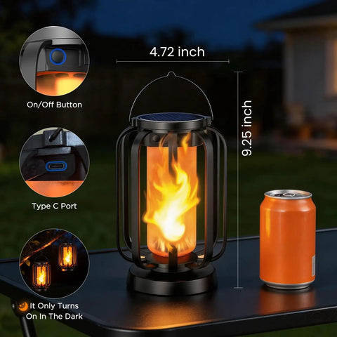 Lit Real Flame Solar Lanterns With USB Charging beside soda can for size comparison, showing flame effect and Type C port.