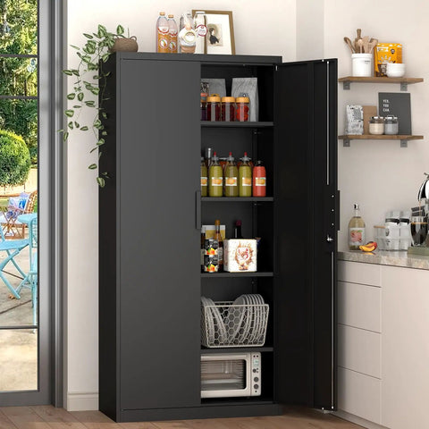 72 Inch Steel Garage Storage Cabinet With Locking Doors, 4 Shelves, Heavy Duty All Steel Construction, Black in kitchen