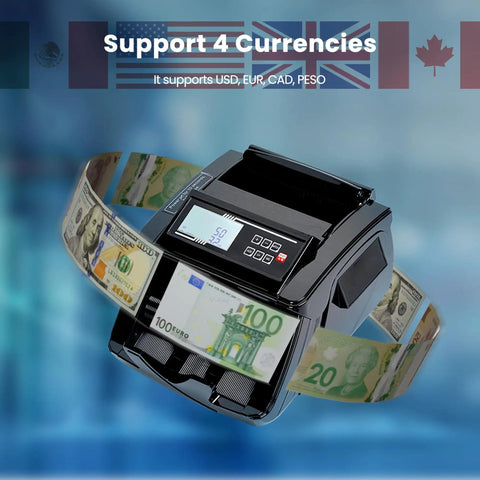 Pro Grade High Speed Money Counter Machine With UV MG IR DD Detection, Supports USD EUR, showing bills passing through.