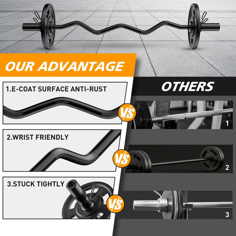 Ergonomic EZ Curl Bar For Home Gym Must Have, 47 Inch Bar With 2 Inch Weight Sleeves And Two Spring Collars comparison chart