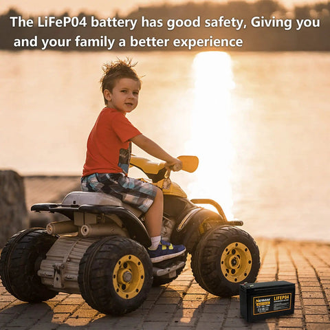 Child on ride-on toy powered by 12V 10Ah LiFePO4 Deep Cycle Battery With Built In 10A BMS For Solar Off Grid Lighting Fish Finder Power Wheels