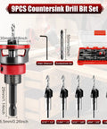 Top Shelf Nine Piece Countersink Drill Bit Set With Five Killer HSS Sizes And Adjustable Depth Stop Collar Plus Wrench For Dead On Screw Pilot Holes In Softwood Hardwood MDF, showing bits and adjustable collar.
