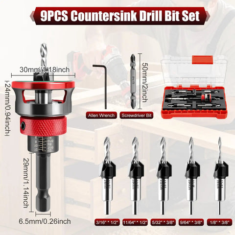 Top Shelf Nine Piece Countersink Drill Bit Set With Five Killer HSS Sizes And Adjustable Depth Stop Collar Plus Wrench For Dead On Screw Pilot Holes In Softwood Hardwood MDF, showing bits and adjustable collar.
