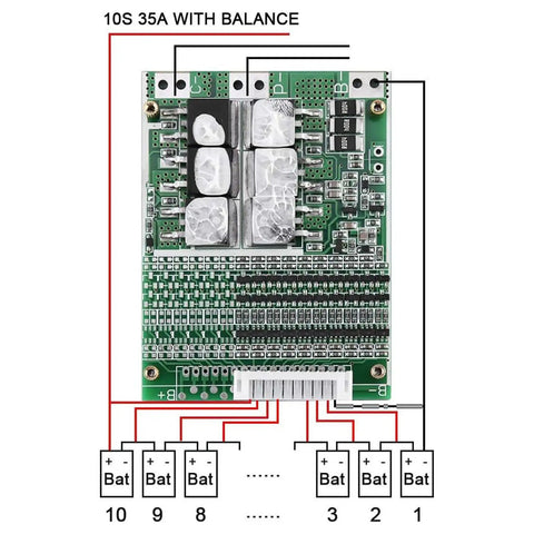 Heavy Duty 10S 36V 35A BMS Protection Board For LiFePO4 Battery Packs with wiring layout and balance features.