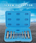 Open blue case showing 10 Piece Screw Extractor Set for Stripped Or Broken Screws And Taps, High Speed Steel Removers.