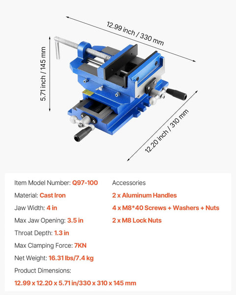 Cross Slide Drill Press Vise 4 Inch Jaw, 2 Axis X Y Bench Vise shown with measurements and cast iron body