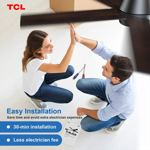 Smiling couple giving high-five beneath 52 Inch Ceiling Fan With Lights Black Flush Mount Remote Control 6 Speeds DC Reversible Dimmable Fan