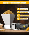 Real Workhorse Electric Grain Grinder With Four Detachable Hoppers, Heavy Duty Countertop Mill For Wheat Corn Barley And Coffee Beans, Hella Fast Sixty Watt Motor For Slick Daily Grinding, features stainless steel construction with grains.