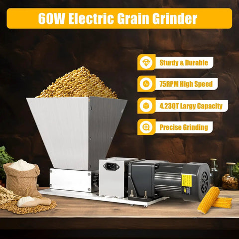 Real Workhorse Electric Grain Grinder With Four Detachable Hoppers, Heavy Duty Countertop Mill For Wheat Corn Barley And Coffee Beans, Hella Fast Sixty Watt Motor For Slick Daily Grinding, features stainless steel construction with grains.
