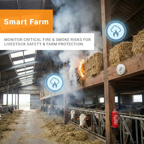 Rugged Wireless LoRaWAN Smoke And Heat Detector With No Fuss Setup And Marathon Battery Life Featuring Slick Cloud Monitoring For Heavy Duty Commercial Sites in farm setting.