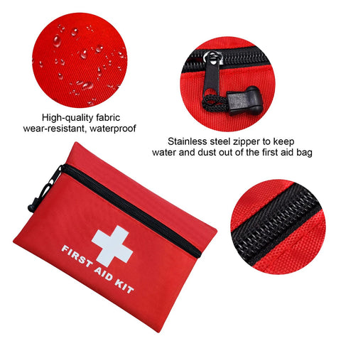 Red zippered mini first aid kit pouch with white cross and FIRST AID KIT text