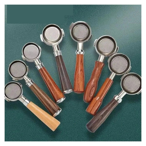 Various 58mm bottomless portafilters with wooden handles for espresso preparation and brewing techniques.