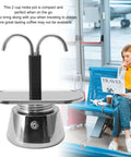 Rock Solid Stainless Steel Stovetop Espresso Maker With Dual Spout brewing fresh coffee for two cups at an airport setting.