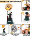 Portable Propane Heater 6200 BTU For Outdoor Use Camping And Patio USB Lighter Cylinder Stand Open Air Space Heater shown with installation steps