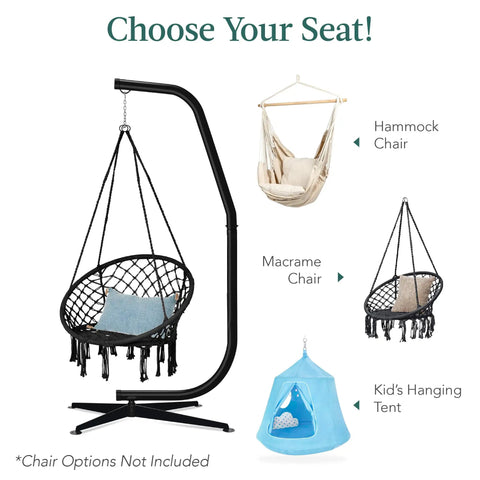 Rugged Metal Hanging Hammock C Stand For Chair Stand Only With Weather Resistant Powder Coated Steel Wide 4 Leg Offset Base shown.