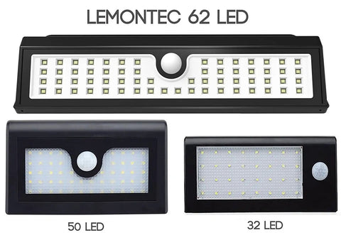 62 LED Solar Wall Lights With Motion Sensor Outdoor Security Lighting front view and variations in 50 and 32 LEDs