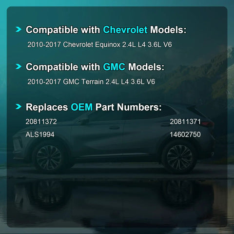 Front Abs Wheel Speed Sensor Pair Left Right For 2010 To 2017 Chevy Equinox And Gmc Terrain chart showing vehicle compatibility details.