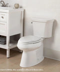 Premium Elongated Toilet Seat With Smooth Slow Close Lid Built Tough Durable Hardwood Frame No Slip Base Quick Snap Hinges Drop Dead Easy Mount Biscuit Color For Home Setup installed on a white toilet.